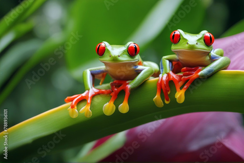 tree red flower eyed heliconia frogs sitting Two daytime frog central america 2 tropical natural world copy space amphibian animal costa rica nobody