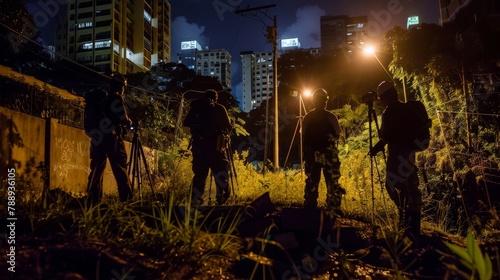 Despite the darkness and challenges of working during the night a team of resourceful surveyors use their headlamps and specialized tools to expertly navigate and survey a bustling .