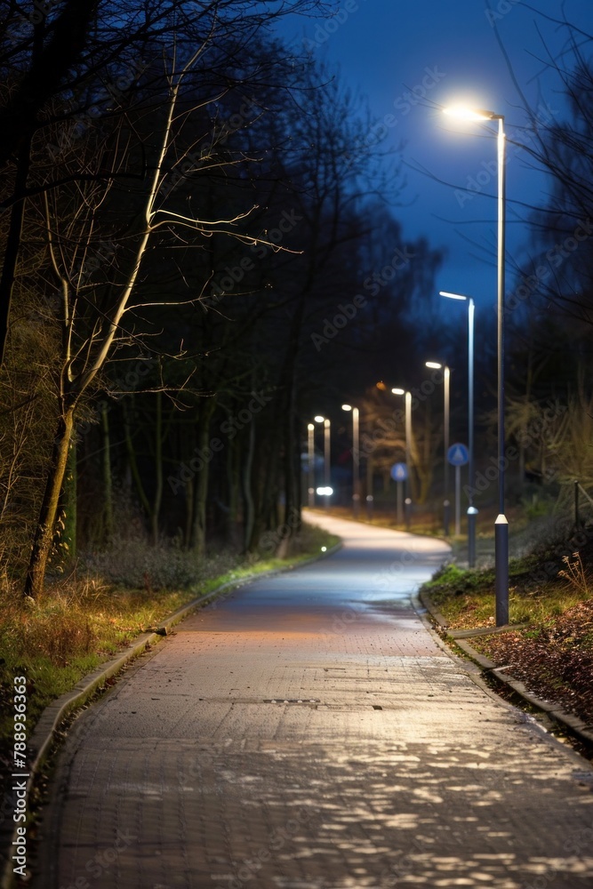 LED street lights along bicycle lanes with low light pollution at night