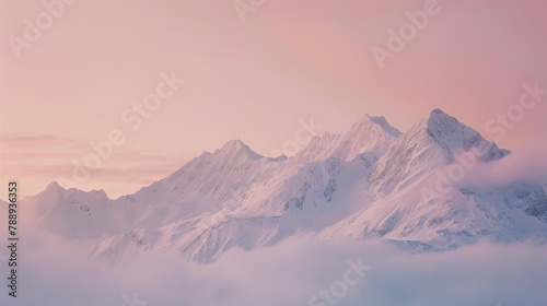 Minimalist mountain landscape with snow peaks under soft dawn light