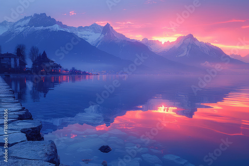 A stunning view of the Swiss Alps at sunrise, reflecting in Lake integration with purple hues. The misty atmosphere adds to its ethereal beauty. Created with Ai