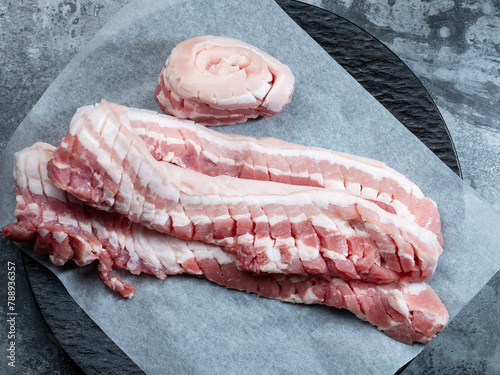 Fresh raw pork belly, meat ingredients	 photo