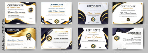 Black and gold certificate of appreciation border template with luxury badge and modern line and shapes. For award, business, and education needs. Diploma vector template