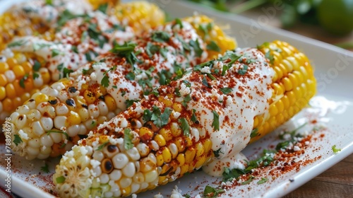 Indulge in some mouthwatering Mexican street corn dressed with zesty cilantro spicy chili powder and a luscious creamy sauce