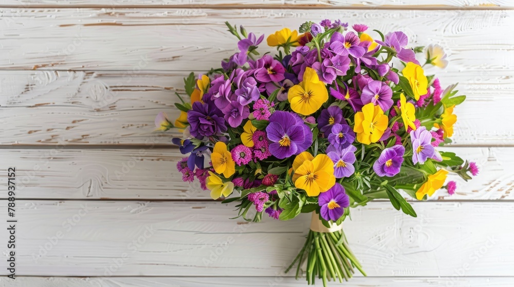 A vibrant and captivating spring bouquet featuring a stunning mix of colorful flowers in bright purple and yellow hues sits elegantly against a white wooden backdrop This decorative arrange