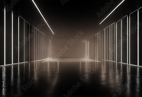 Reflective Minimalistic Abstract Grunge Dark Lines Neon White Walls Smoke Shaped Floor Fi Fog Modern Concrete 3D Glowing Sci Room Led three-dimensional architectural architecture