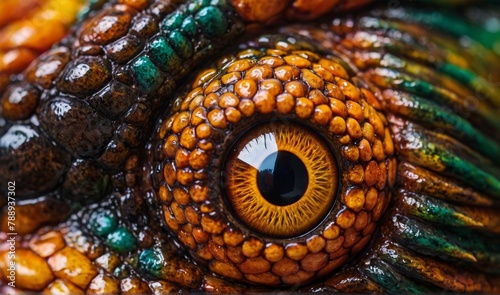 Close-up of Vibrant Dragon Eye. Detailed macro shot of a colorful dragon's eye, capturing the intricate textures and vivid colors