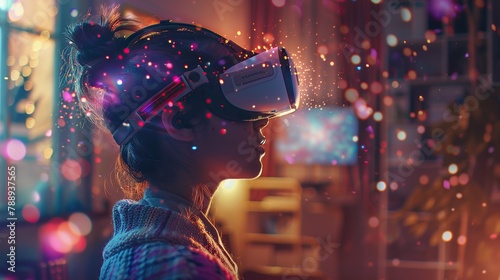 Young Creative Female Wearing a Virtual Reality Headset at Home. Woman Enters Digital Internet 3D Universe with Avatars. copy space for text.