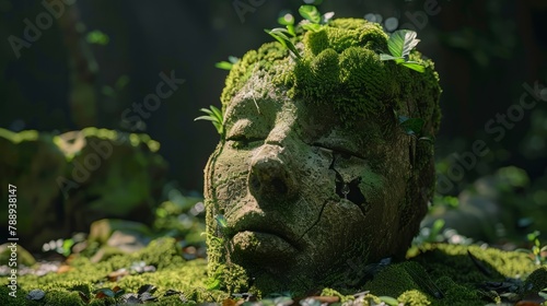 Augustus, very first Roman emperor, Moss-covered Young King's Statue Head, Ruined Majesty's Broken Face, Relic of a Fallen Roman Empire, Time changes © stock photo