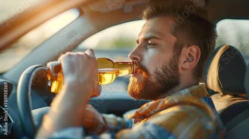 Young Drunk man drinking bottle of beer or alcohol during driving the car dangerously. Don't drink and drive concept. Don't drink and drive concept. copy space for text.