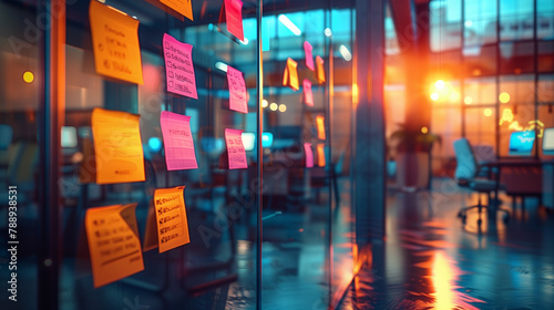 Sticky Note Post It Board Office. Business people meeting at office and use post it notes to share idea. Brainstorming concept. Sticky note on glass wall or blackboard. Set of colorful blank notes.  photo