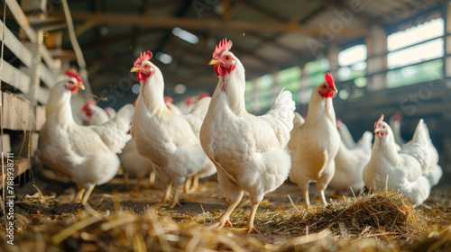 white chickens in an industrial farm. group of white chickens in chicken farm. indoors chicken farm. chicken feeding