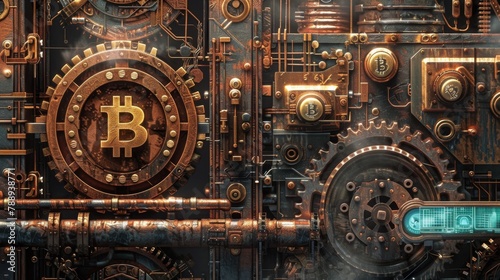 Steampunk-inspired Bitcoin concept fusing ancient gears with modern digital technology