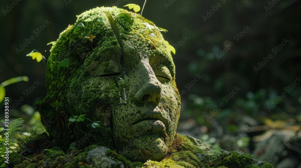 Caesar, very first Roman emperor, Ruined Majesty's Broken Face, Moss-covered Young King's Statue Head, Relic of a Fallen Roman Empire, Time destruction