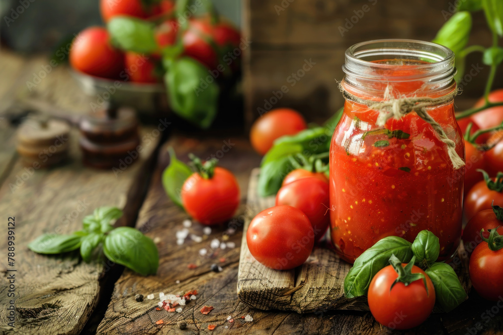 homemade red tomato sauce in a glass jar on a wooden table with fresh tomatoes homemade red tomato sauce in a glass jar on a wooden table with fresh tomatoes