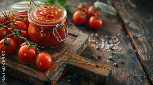 homemade red tomato sauce in a glass jar on a wooden table with fresh tomatoes