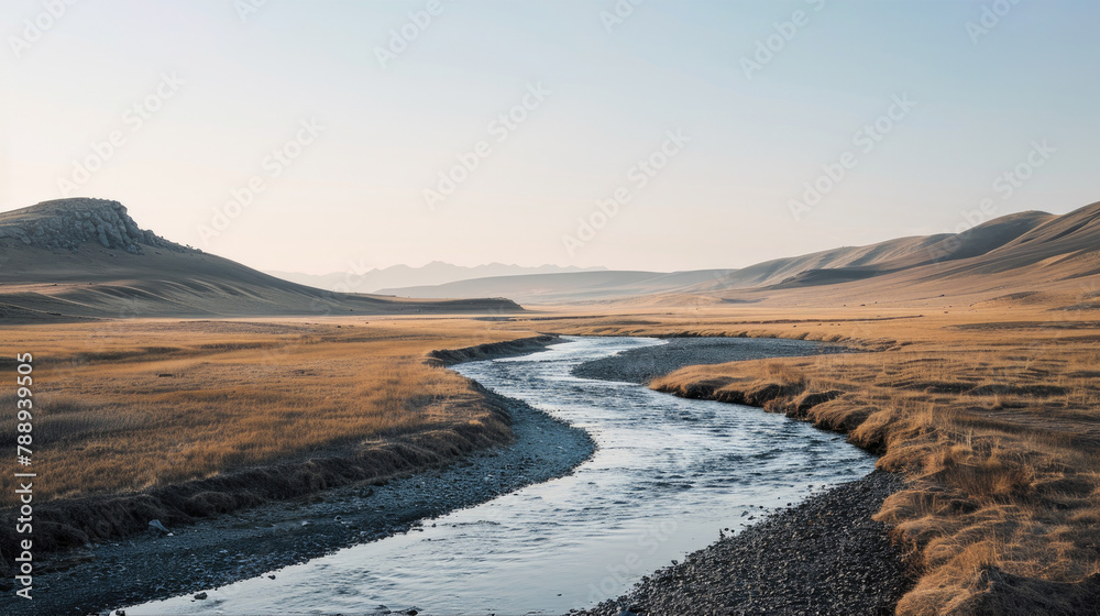 Serene river flowing through a minimalist landscape with gentle hills and a clear sky