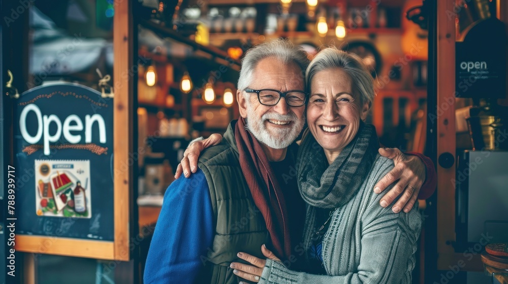 Two cheerful male and female small business owners smile and look at the camera while standing at the entrance.