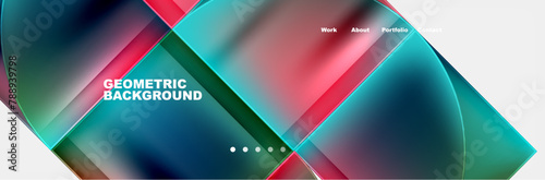A geometric background featuring azure, pink, and violet triangles, rectangles, and squares on a white background. The material properties create tints and shades of aqua, magenta, and font