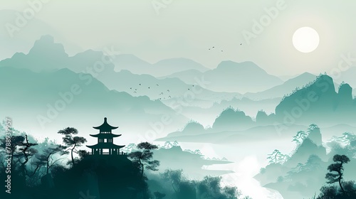 Traditional green lines landscape illustration poster background © jinzhen