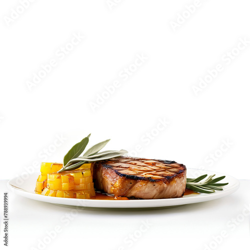 Barbecue pork loin chops with grill marks apple chutney and sprig of sage isolated Summer