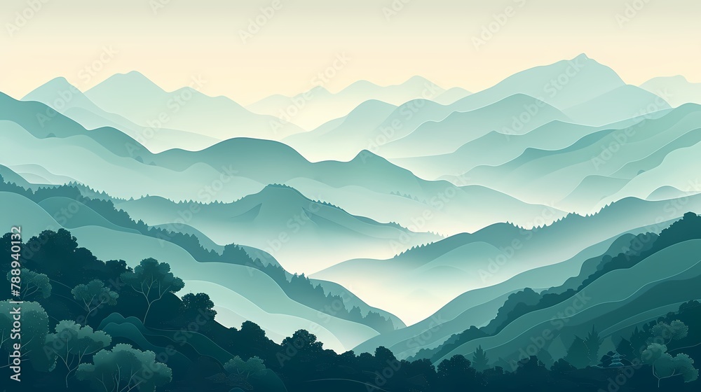 Traditional green lines landscape illustration poster background