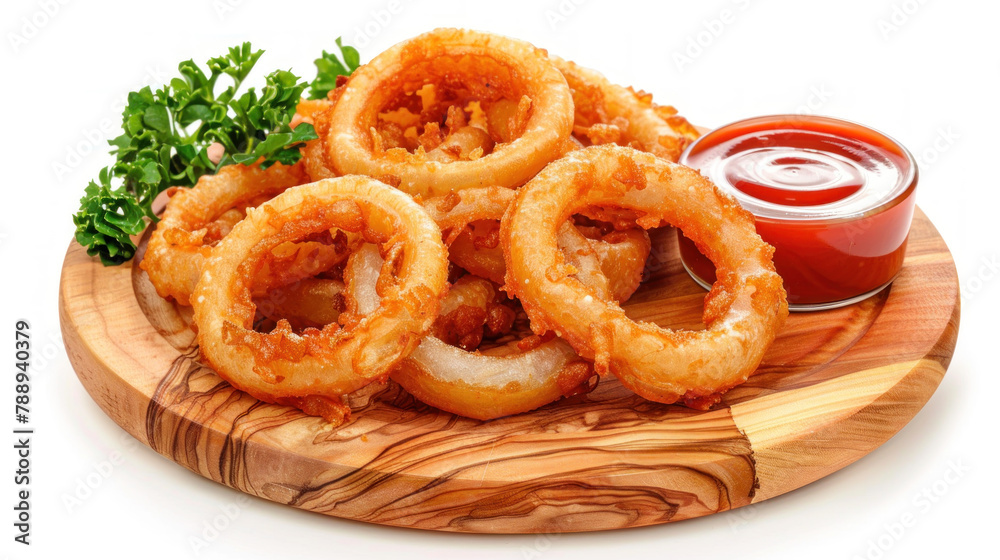 fried onion rings with sauce on wooden board isolated on white background fried onion rings with sauce on wooden board isolated on white background
