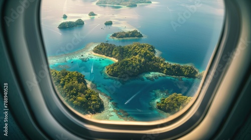 View from airplane window of amazing tropical island travel concept travel