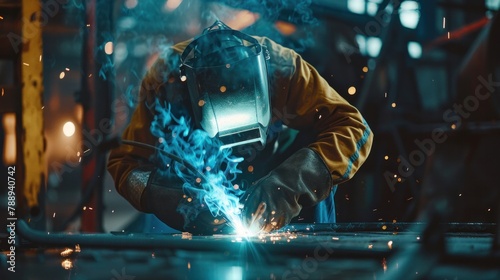 A team of welders works diligently in welding metal in the heavy industry.