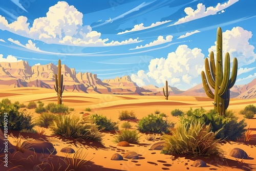 Vast desert landscape with cacti.