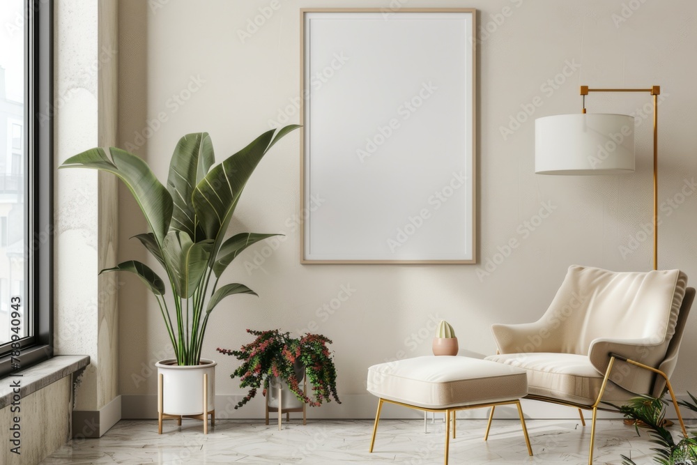 Scandinavian style living room with poster mockup created with generative ai Scandinavian style living room with poster mockup created with generative ai
