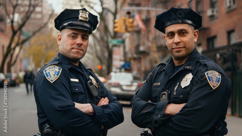 two cops standing next to each other, one a white photo