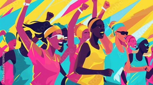 Illustrate Lively scene of female athletes celebrating at the finish line of a marathon.