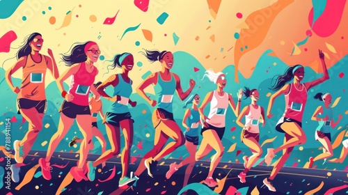 Illustrate Lively scene of female athletes celebrating at the finish line of a marathon.