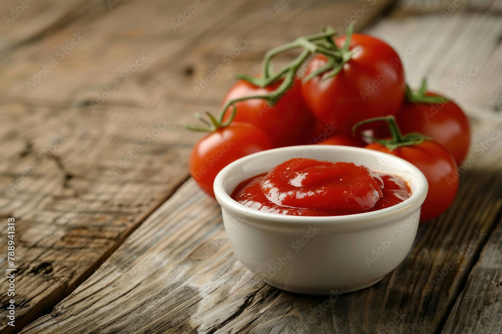 tomato sauce or ketchup in a small bowl with fresh tomatoes on a wooden table tomato sauce or ketchup in a small bowl with fresh tomatoes on a wooden table