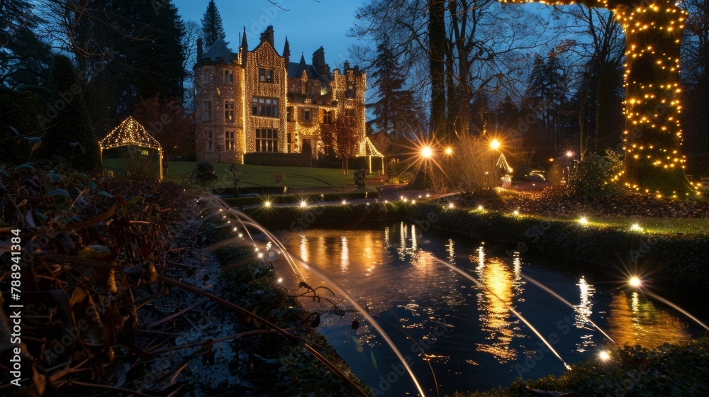 The tranquil gardens of a castle are aglow with ling fairy lights providing a serene setting for a peaceful nights sleep in a luxurious suite. 2d flat cartoon.