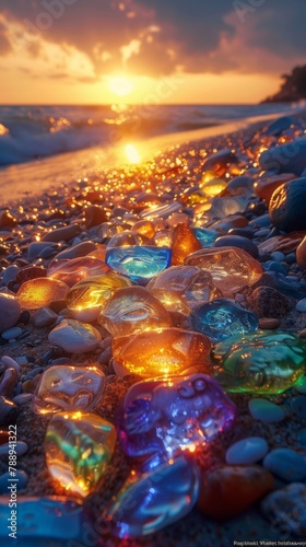 A beach scene with a long line of colorful rocks