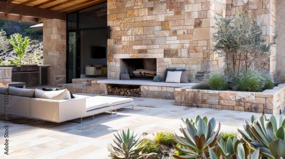 Obraz premium Entering the outdoor patio the minimalist sandstone design continues with a sleek stone fireplace taking center stage. Simple lowprofile furniture and potted succulents complete the .