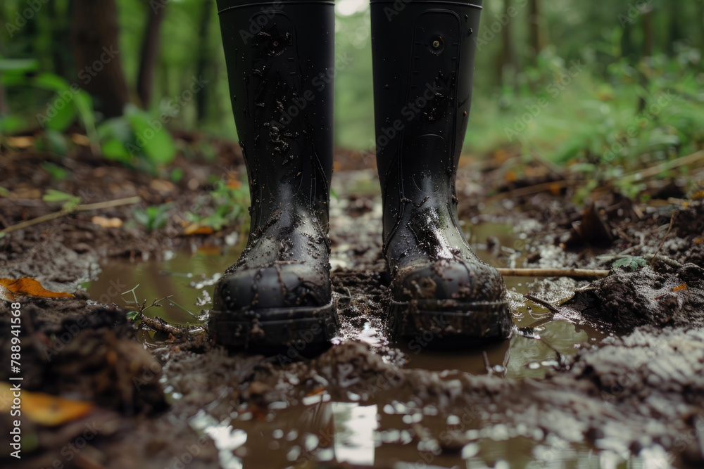 black rain boots with mud. muddy forest background black rain boots with mud. muddy forest background
