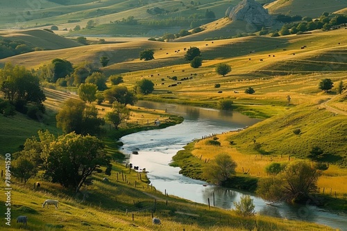 Beautiful countryside scene with hills and winding rivers