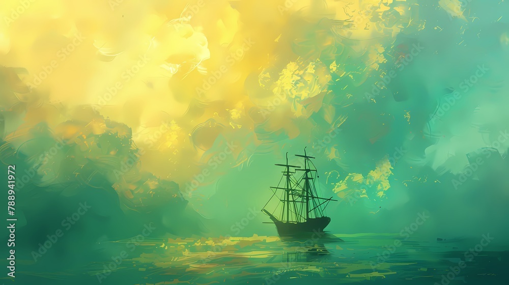 Green and yellow floating ocean and boat illustration poster background Green and yellow floating ocean and boat illustration poster background