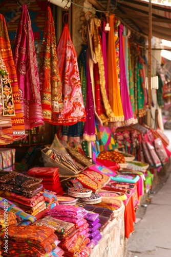 A colorful Indian marketplace filled with vibrant fabrics, aromatic spices, and intricate handicrafts, bustling with the sights and sounds of daily life, Generative AI © ManusiaIkan