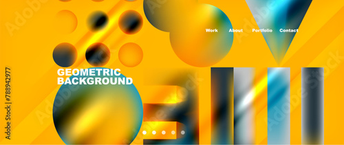 A colorful geometric background with circles, triangles, and lines on an amber and orange backdrop. The pattern features symmetry and closeup details with a touch of electric blue artistry