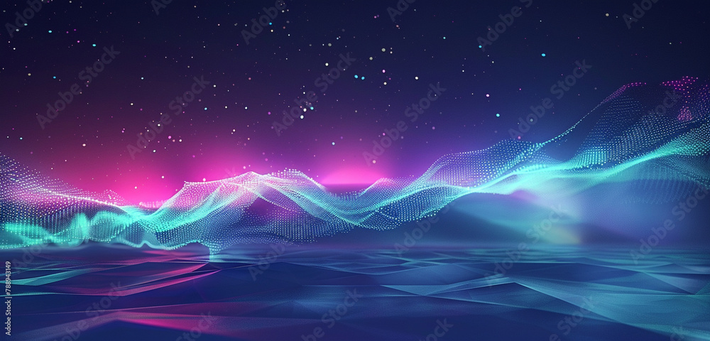 A low poly, neon aurora borealis, gracefully dancing across a digital night sky, symbolizing the natural beauty and majesty of futuristic communication flows.
