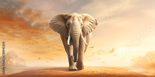 Angry African Elephant under cloudy sky with dramatic lighting background
 photo