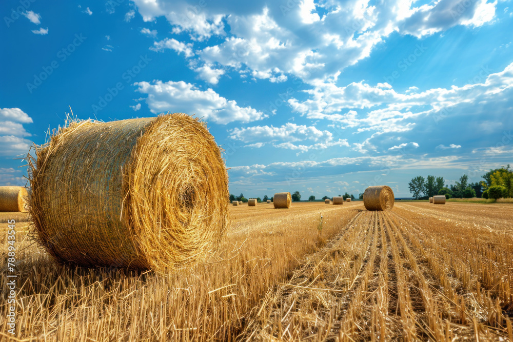 beautiful golden hay bales on the field after harvest. blue sky with clouds background