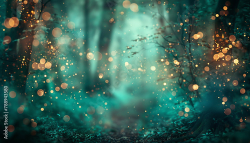A rich teal and mocha abstract canvas, with bokeh lights evoking the calm, soothing presence of ancient forests whispering secrets to those who walk their paths. The scene is mystical and grounding. photo
