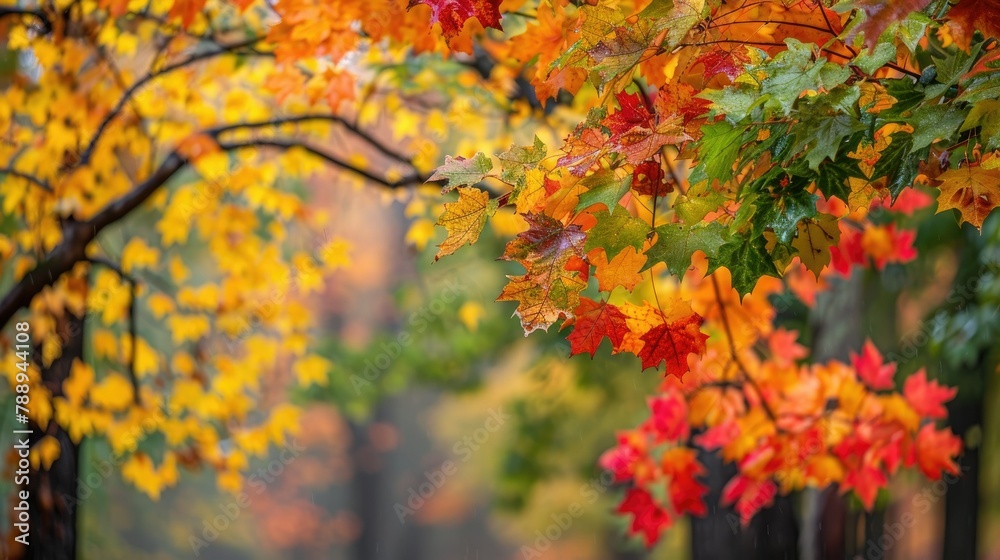 Vibrant hues of green yellow and orange grace the trees in the autumn park creating a beautiful collection of colorful leaves Vibrant hues of green yellow and orange grace the trees in the autumn park creating a beautiful collection of colorful leaves
