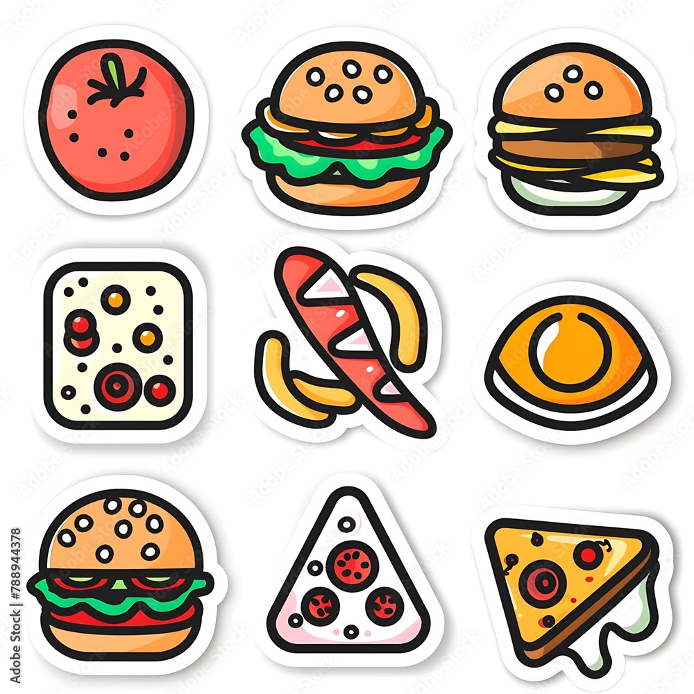 sticker food icon collection, simple vector art vivid colors minimalism geometry