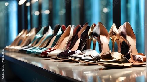 A row of elegant high-heeled shoes lined up on display, their shiny surfaces reflecting the light 